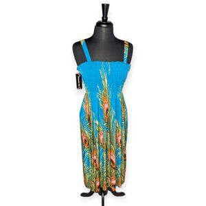 Romantic Sini Teal & Peacock Themed Stretch Beach Dress Size L/XL NWT